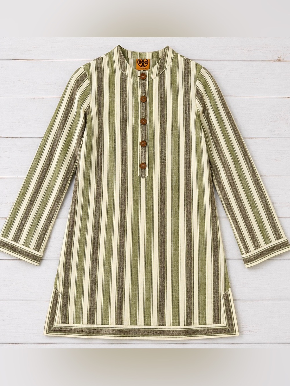 Tory Burch Linen Striped Tunic Dress Size 6 Olive Boho Pockets